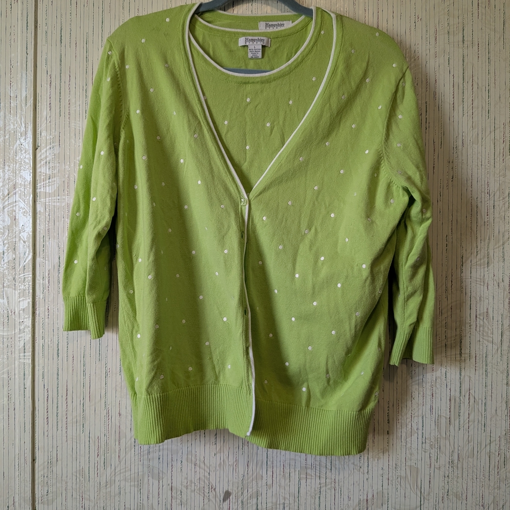 Hampshire Studio Lime Green Polka Dot Button-Front Cardigan And Shell